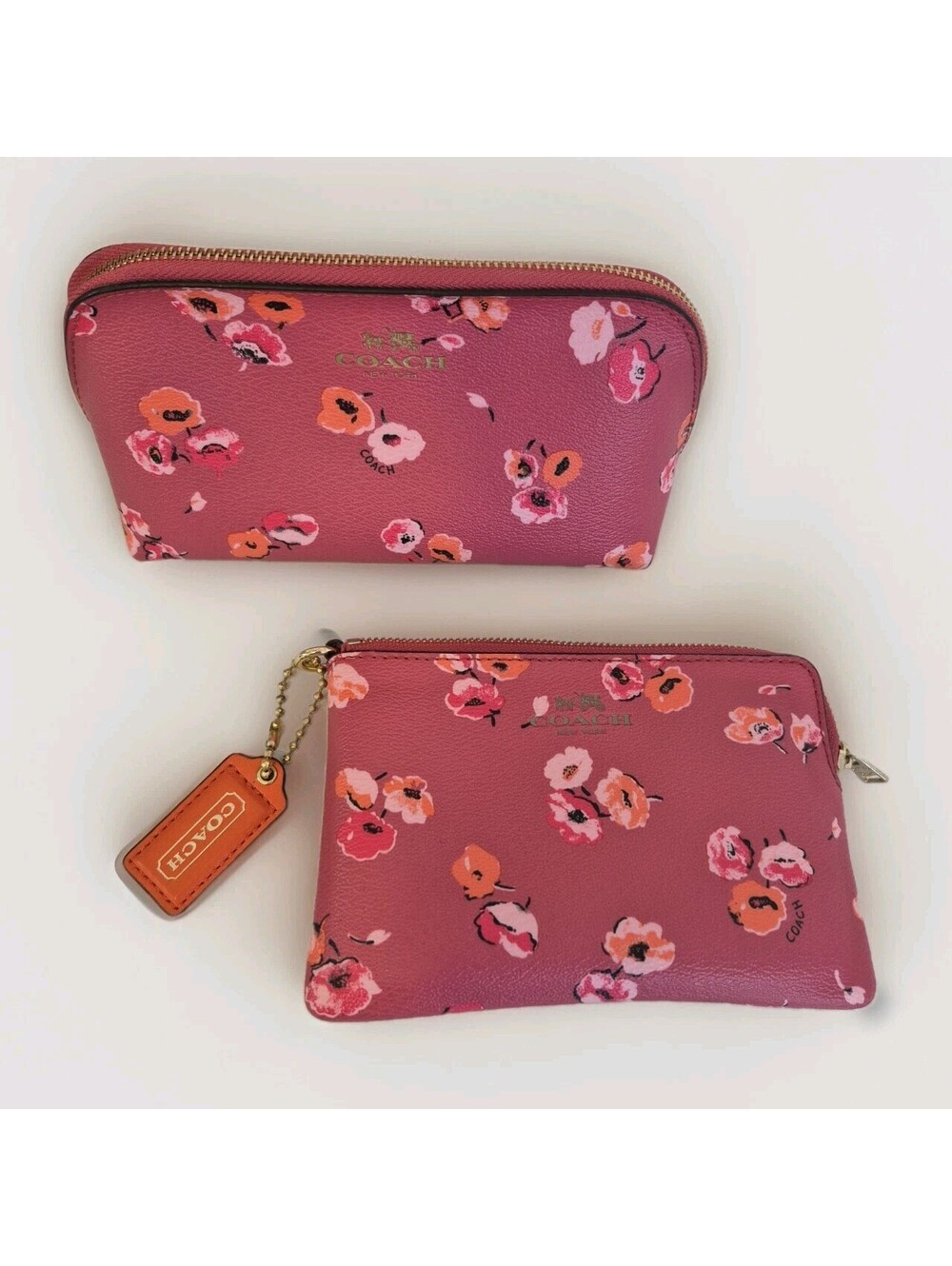 Set Of 2  Coach Small Pouch Wallet And Makeup Pouch Bag FLORAL RED